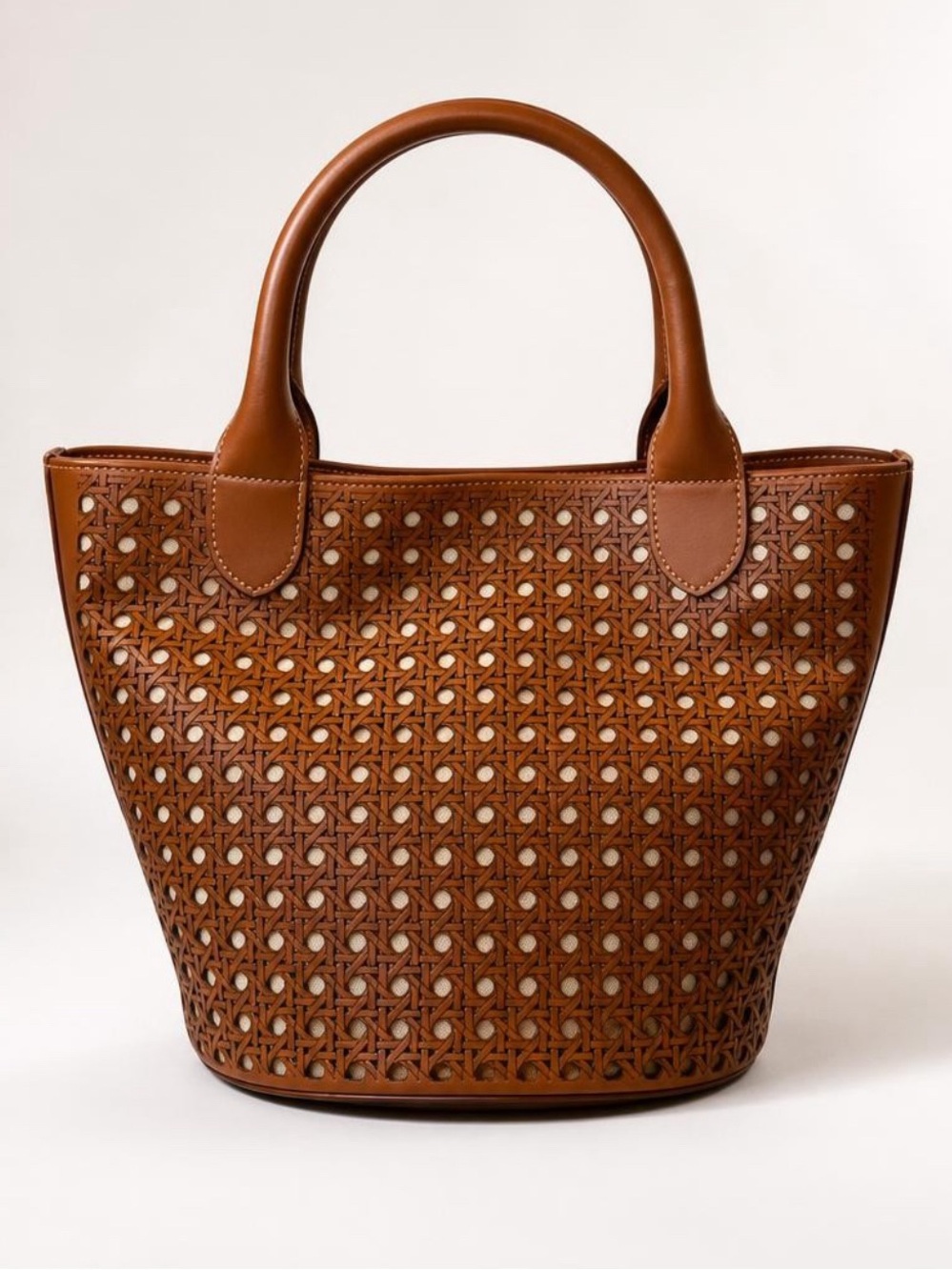 Jeff Wan NWOT Cane Weave Faux Leather Top Handle Tote Bag, canvas int, Brown